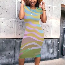 Casual Digital Printing Dres Short Sleeve Round Neck Midi Dresses