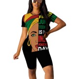 Casual Digital Printing Letter Round Neck Short Set