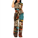 Casual Digital Printing Letter Round Neck Pant Set