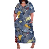 Large Size Fashion Printed V Neck Women's Long Dresses