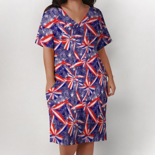 Large Size Fashion Printed Outfit V Neck Women's Midi Dresses