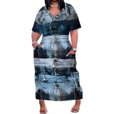 Large Size Fashion Printed V Neck Women's Long Dresses