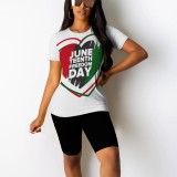 Casual Digital Printing Letter Round Neck Short Set