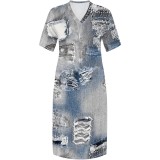Large Size Fashion Printed V Neck Women's Long Dresses