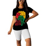 Casual Digital Printing Letter Round Neck Short Set