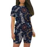 Casual Digital Printing Round Neck Short Set