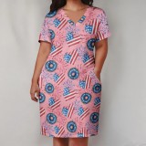 Large Size Fashion Loose Printed V Neck Women's Midi Dresses