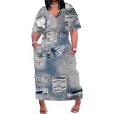 Large Size Fashion Printed V Neck Women's Long Dresses