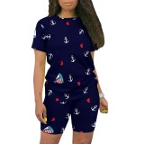 Casual Digital Printing Round Neck Short Set