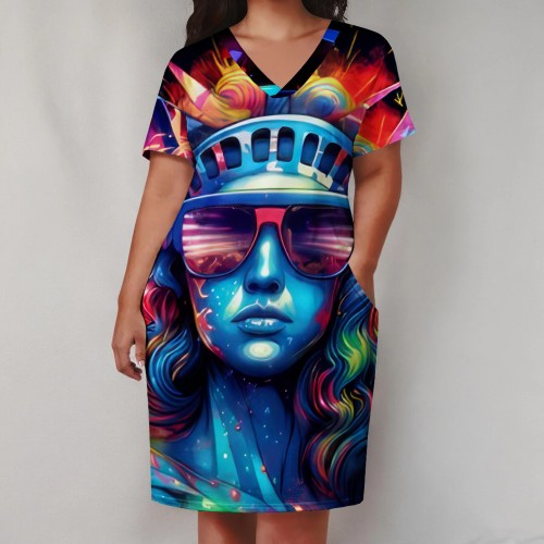Large Size Fashion Loose Printed V Neck Women's Midi Dresses