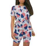 Casual Digital Printing O Neck Short Set