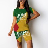 Casual Digital Printing Letter Round Neck Short Set