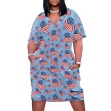 Large Size Fashion Loose Printed V Neck Women's Midi Dresses