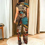 Casual Digital Printing Letter Round Neck Pant Set
