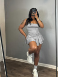 Solid Straps Pile Pleated Flared Skirt Set with Safety Pants