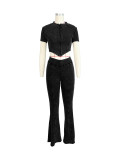 (Pre Order 23/6)Cotton Washed Distressed Ribbed Zip Top & Flared Pants Set
