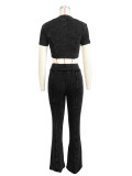 (Pre Order 23/6)Cotton Washed Distressed Ribbed Zip Top & Flared Pants Set