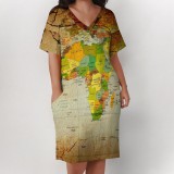 Large Size Fashion Printed Clothings V Neck Women's Midi Dresses