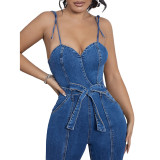 Sexy Slits Wide Leg Pants Overall Denim Straps Jumpsuit
