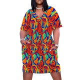 Large Size Fashion Printed Clothings V Neck Women's Midi Dresses