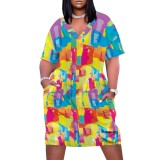 Large Size Fashion Printed Clothings V Neck Women's Midi Dresses