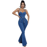Sexy Slits Wide Leg Pants Overall Denim Straps Jumpsuit