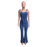 Sexy Slits Wide Leg Pants Overall Denim Straps Jumpsuit