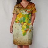 Large Size Fashion Printed Clothings V Neck Women's Midi Dresses