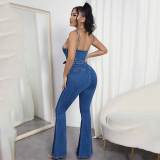 Sexy Slits Wide Leg Pants Overall Denim Straps Jumpsuit