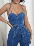 Sexy Slits Wide Leg Pants Overall Denim Straps Jumpsuit