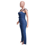 Sexy Slits Wide Leg Pants Overall Denim Straps Jumpsuit