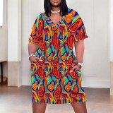 Large Size Fashion Printed Clothings V Neck Women's Midi Dresses