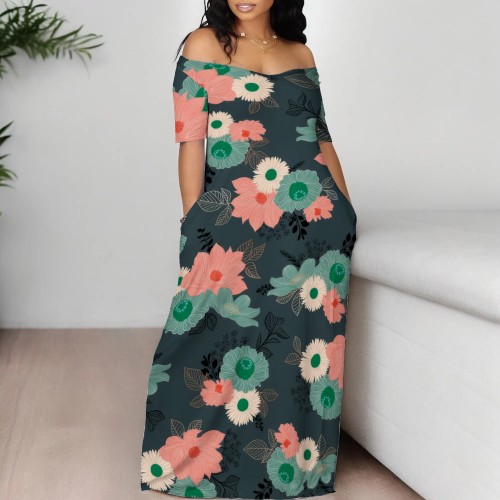 Casual Digital Printing Short Sleeve Off Shoulder Maxi Dresses