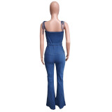 Sexy Slits Wide Leg Pants Overall Denim Straps Jumpsuit