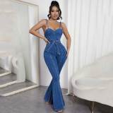 Sexy Slits Wide Leg Pants Overall Denim Straps Jumpsuit