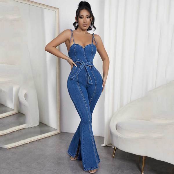 Sexy Slits Wide Leg Pants Overall Denim Straps Jumpsuit