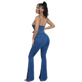 Sexy Slits Wide Leg Pants Overall Denim Straps Jumpsuit
