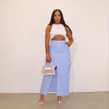 Striped Print Front Slit Bodycon High Waist Cargo Maxi Skirts