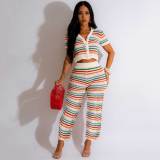 Sexy Knitted Contrast Color Short Sleeve Blouses & Wide-leg Trousers