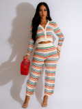 Sexy Knitted Contrast Color Long Sleeve Blouses & Wide-leg Trousers