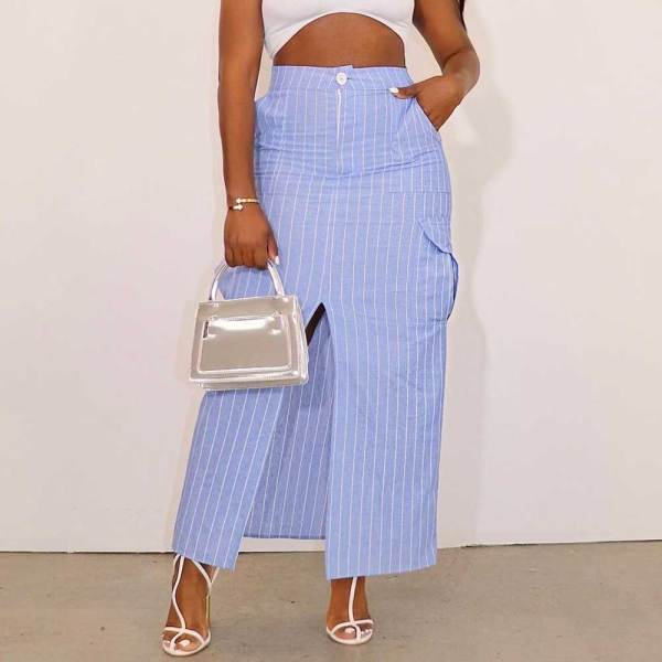 Striped Print Front Slit Bodycon High Waist Cargo Maxi Skirts