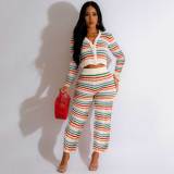 Sexy Knitted Contrast Color Long Sleeve Blouses & Wide-leg Trousers