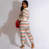 Sexy Knitted Contrast Color Long Sleeve Blouses & Wide-leg Trousers