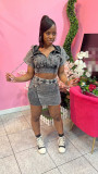 Solid Pickling Distressed Bat Sleeve Hoodie Skirt Set