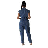 Casual Turndown Collar Sleeveless Pocket Belt Straight Loose Fit Denim Jumpsuits