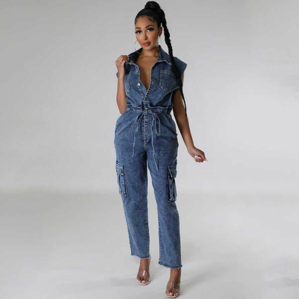 Casual Turndown Collar Sleeveless Pocket Belt Straight Loose Fit Denim Jumpsuits