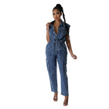 Casual Turndown Collar Sleeveless Pocket Belt Straight Loose Fit Denim Jumpsuits