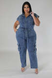 Casual Turndown Collar Sleeveless Pocket Belt Straight Loose Fit Denim Jumpsuits