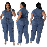 Casual Turndown Collar Sleeveless Pocket Belt Straight Loose Fit Denim Jumpsuits