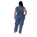 Casual Turndown Collar Sleeveless Pocket Belt Straight Loose Fit Denim Jumpsuits